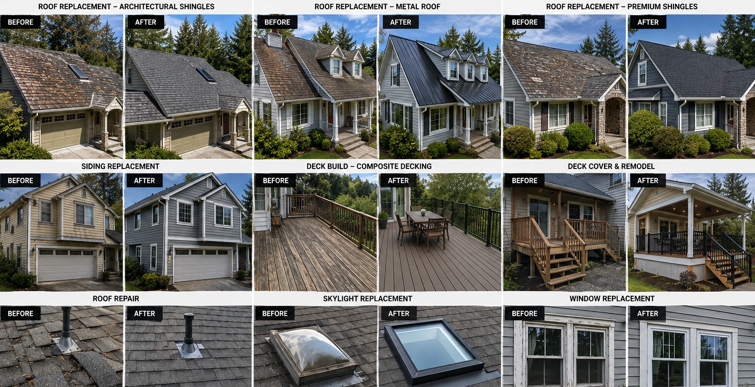 Example before and after roofing, siding, deck, skylight and window transformation concepts
